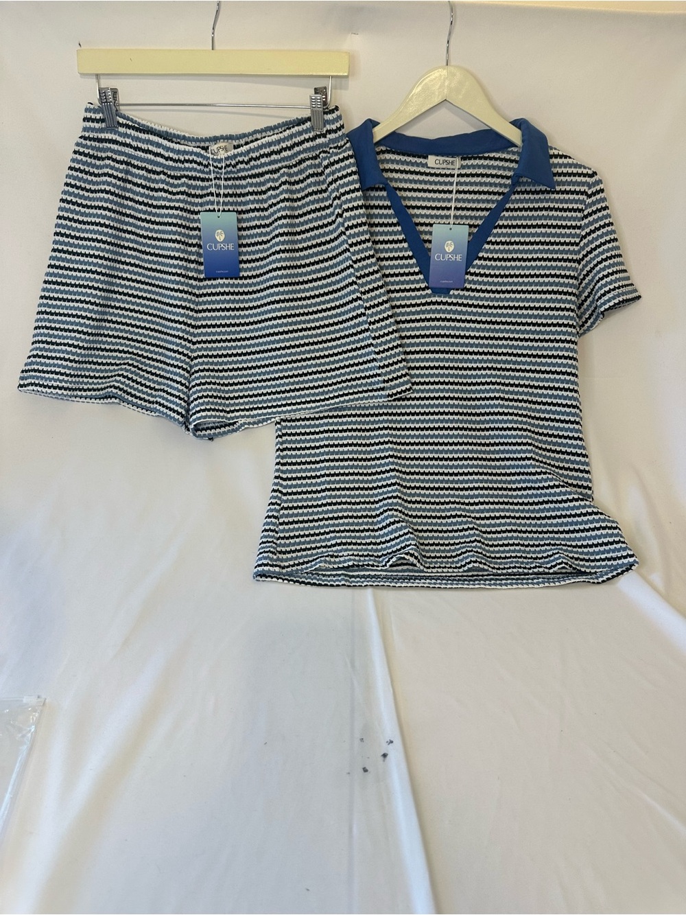 Cupshe Navy and White Striped Polo Knit Top and Shorts Set